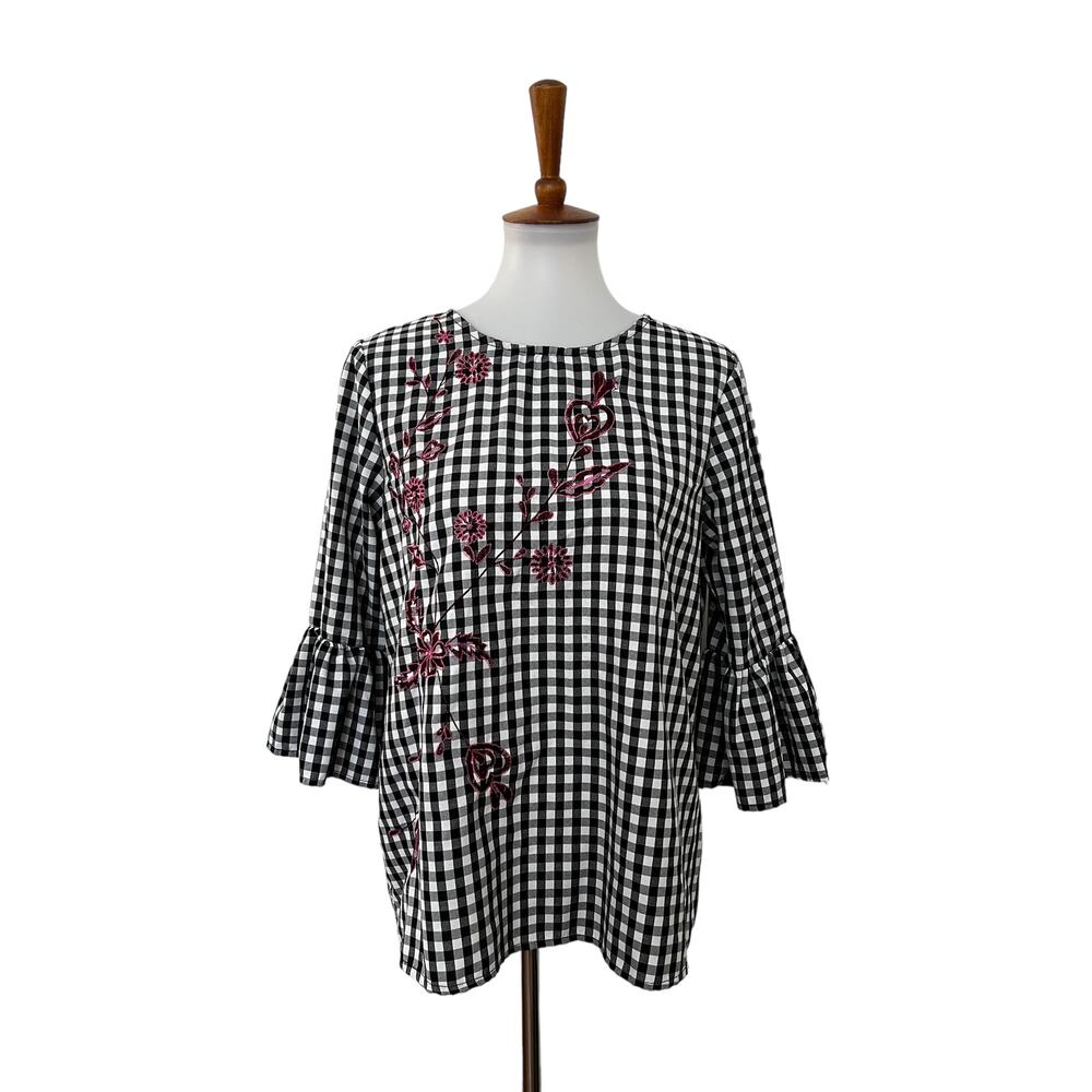 Jennifer & Grace Elbow Sleeve Gingham Floral Embroidered Top Black White Medium - Picture 1 of 8